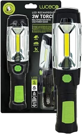Luceco LED Rechargeable Swivel Torch with USB Power Bank, 3 Watts, Green and Black