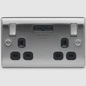 BG Nexus Metal Brushed Steel 13A 2 Gang Switched Plug Socket + 2 USB Black Insert | NBS22U3B