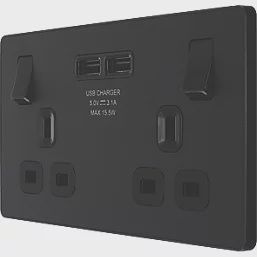 British General Evolve 13A 2-Gang SP Switched Socket + 3.1A 15.5W 2-Outlet Type A USB Charger Matt Black with Black Inserts