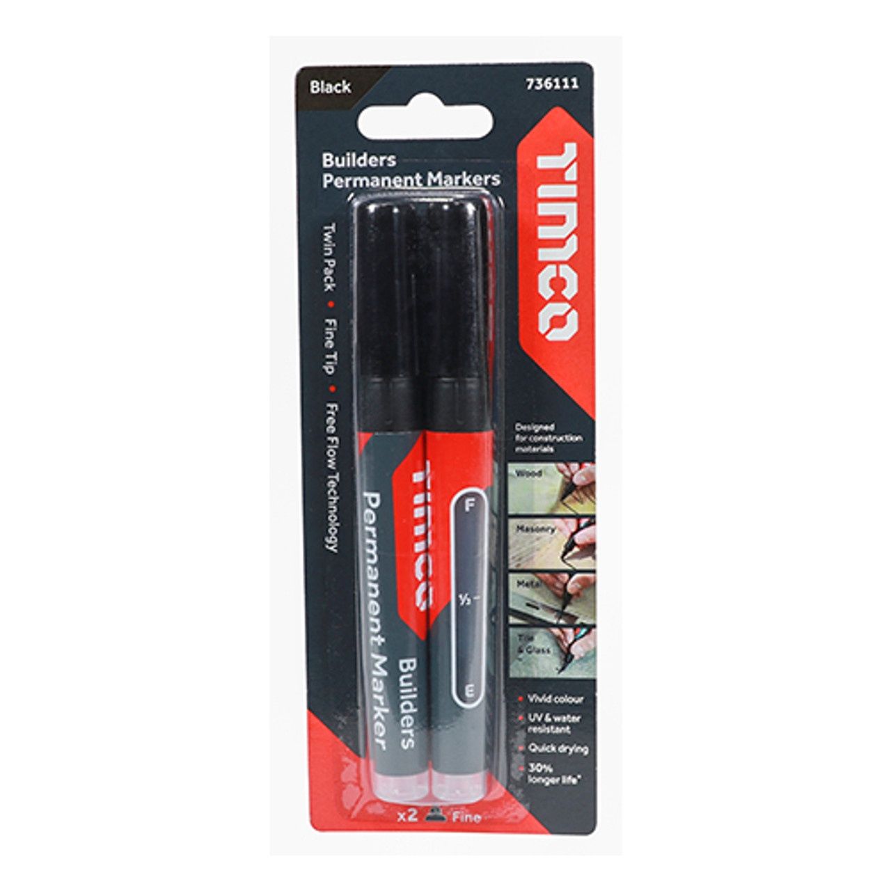 Builders Permanent Markers - Fine Tip - Black (Pack Of 2)