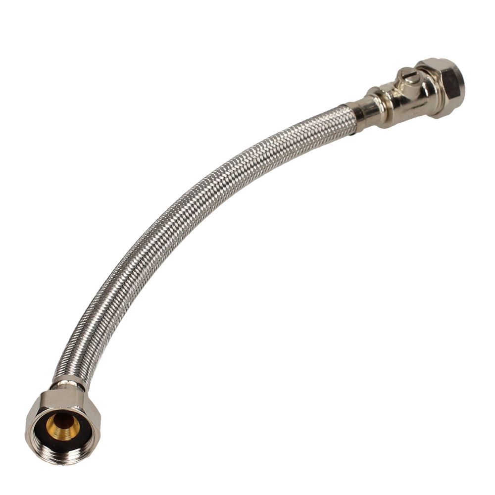 Essentials Flexible Tap Connector with Valve 15mm x 1/2&quot; x 300mm