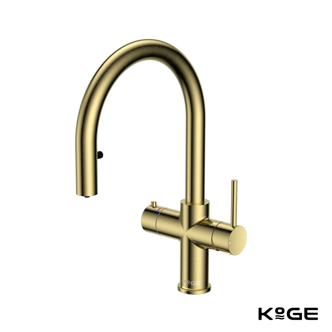 Scudo KoGE 4-in-1 Swan Pull Out Spout Hot Water Tap | Brushed Brass HOT009