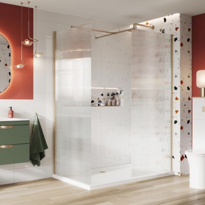Scudo S8 800mm Brushed Brass Fluted Glass Wetroom Pane