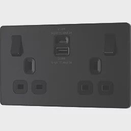 British General Evolve 13A 2-Gang SP Switched Socket + 3A 22W 2-Outlet Type A &amp; C USB Charger Matt Black with Black Inserts