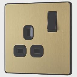British General Evolve 13A 1-Gang SP Switched Socket Satin Brass with Black Inserts