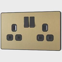 British General Evolve 13A 2-Gang SP Switched Socket Satin Brass with Black Inserts