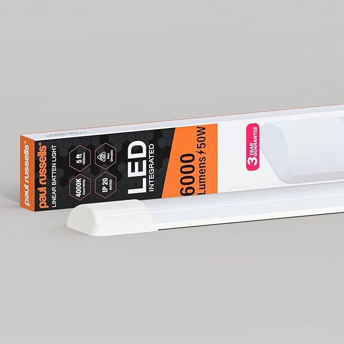 paul russells 5ft LED Batten, Ceiling Fitting Tube Light, 4000K Cool White, 50W, 6000 Lumens, Light for Office, Bathroom, Kitchen, Garage, Warehouse Fluorescent Lighting Replacement, 1 Pack