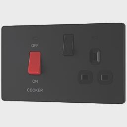 British General Evolve 45A 2-Gang 2-Pole Cooker Switch &amp; 13A DP Switched Socket Matt Black with LED with Black Inserts (644PX)