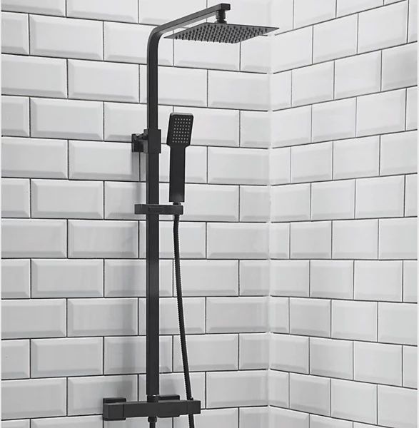 Lunar Matt Black Square Thermostatic Rigid Riser Shower with Diverter
