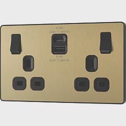 British General Evolve 13A 2-Gang SP Switched Socket + 3A 22W 2-Outlet Type A &amp; C USB Charger Satin Brass with Black Inserts