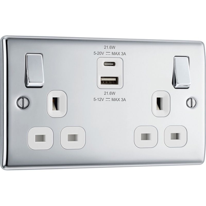 BG Nexus Metal Polished Chrome Switched Socket With USB A+C 22W 2 Gang