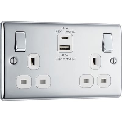 BG Nexus Metal Polished Chrome Switched Socket With USB A+C 22W 2 Gang
