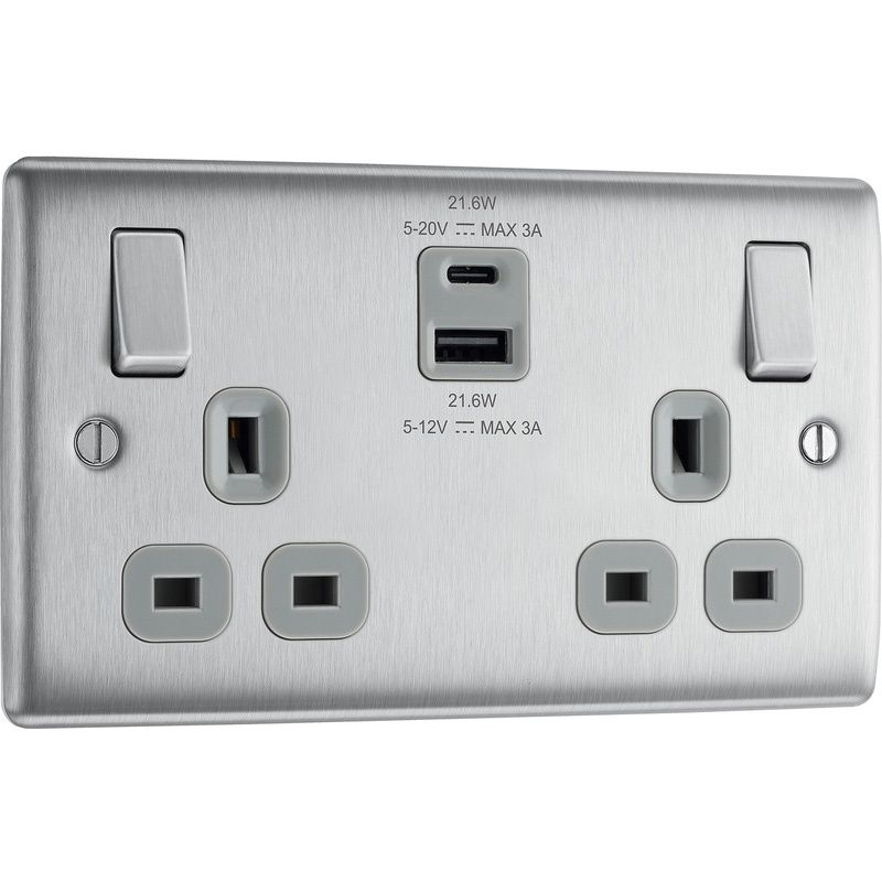 BG Nexus Metal Brushed Steel Switched Socket With USB A+C 22W 2 Gang