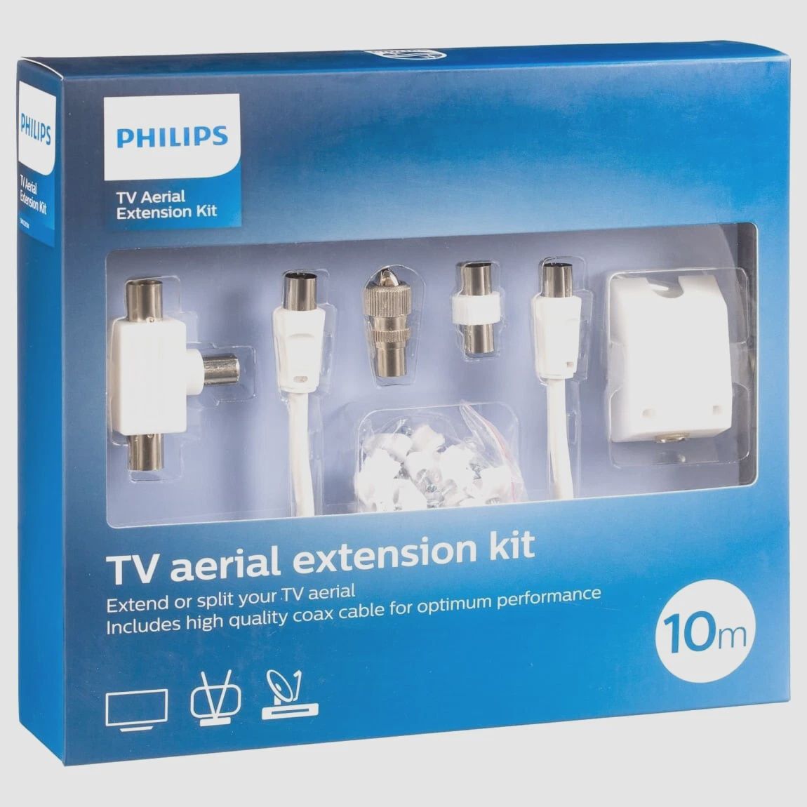 Philips TV Extension Kit 10 Metre White Coaxial Lead TWO TV's From Single Aerial
