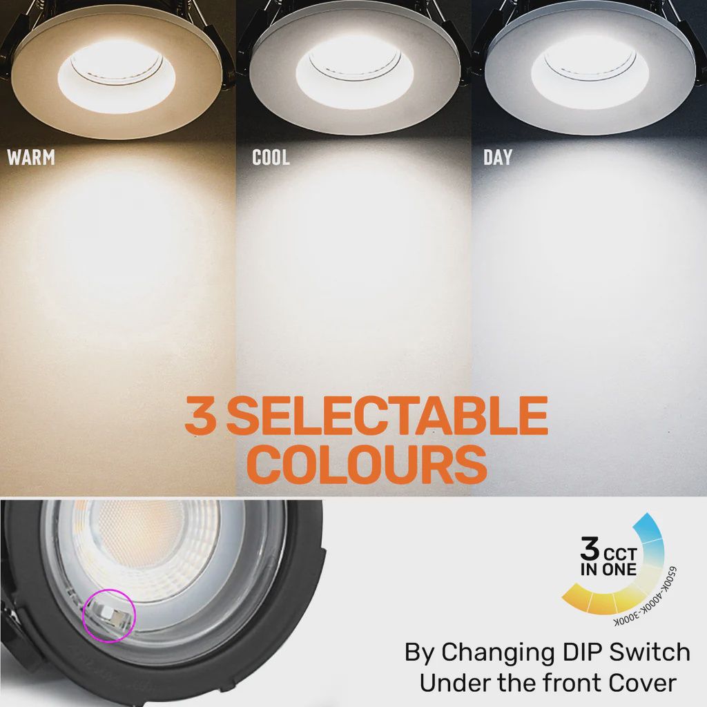 Paul Russells 6W LED Fire Rated Downlight, Dimmable Warm/Cool/Day White 3 Adjustable CCT, IP65, White Bezel