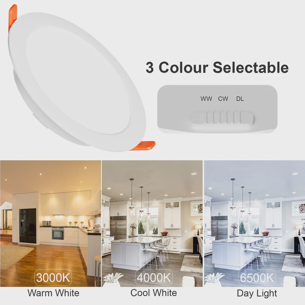 6W LED Round Ceiling Downlights – 600 Lumens, CCT Switchable (3000K/4000K/6500K), IP44 Rated Panel Spotlights