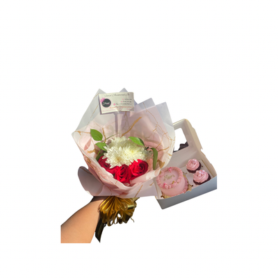 Bento Cake And Cupcake And Bouquet Combo