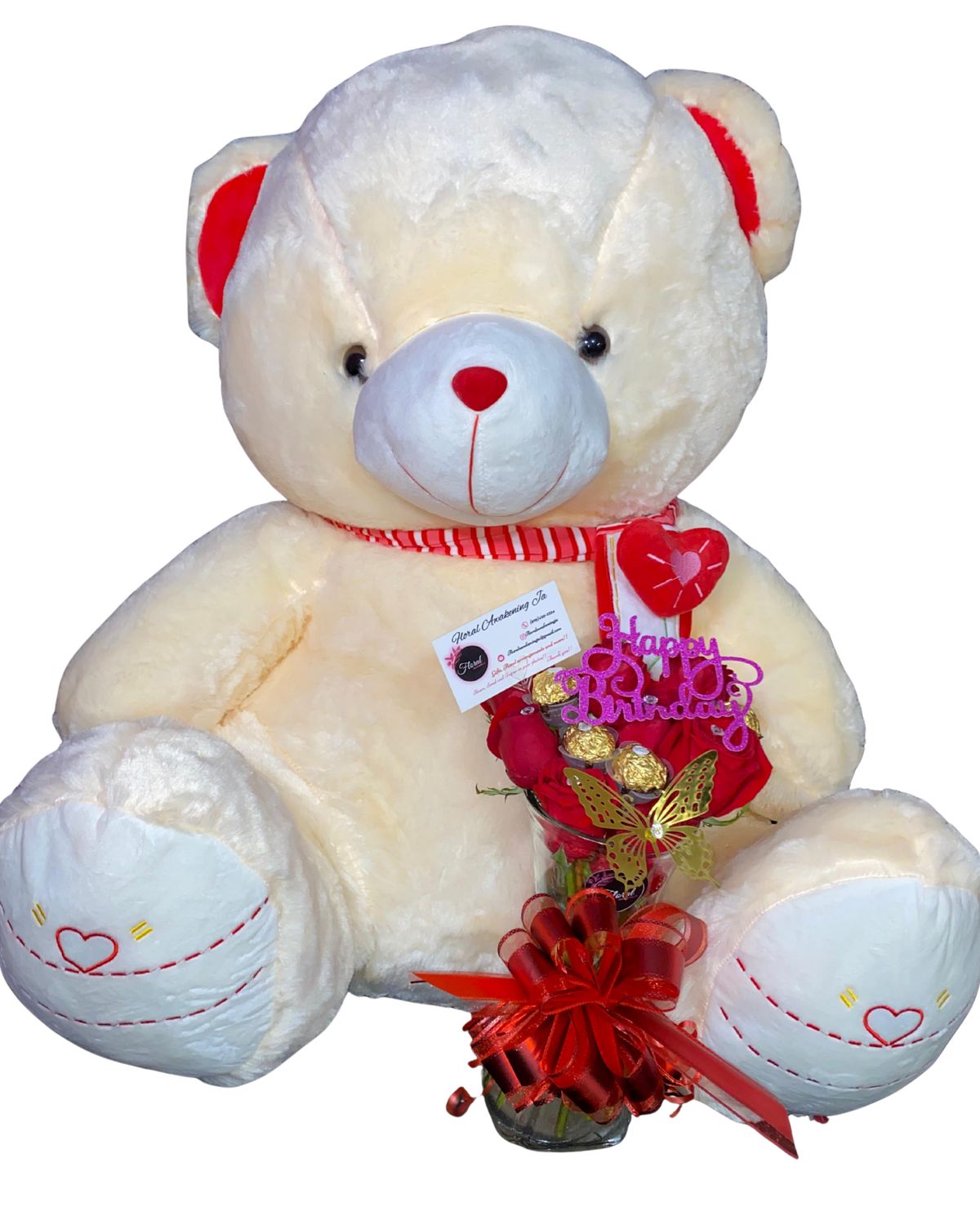 8 Rose Combo Vase Arrangement with Teddy Bear
