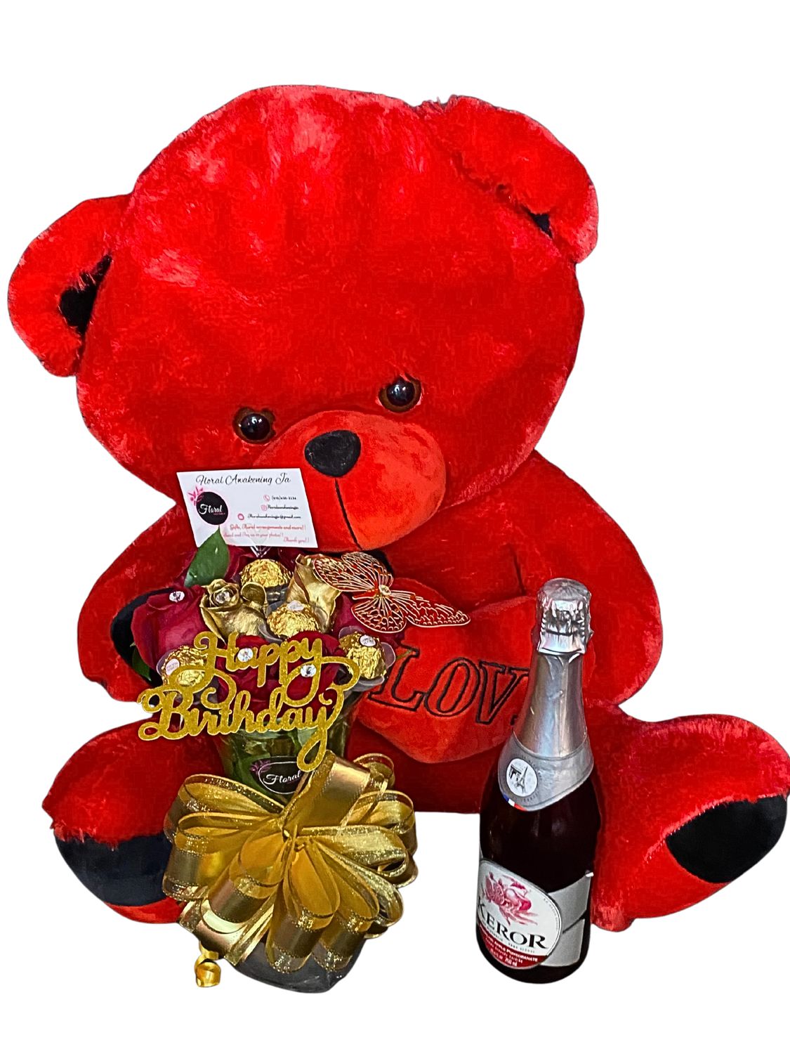 8 Rose Combo Vase Arrangement with Teddy Bear