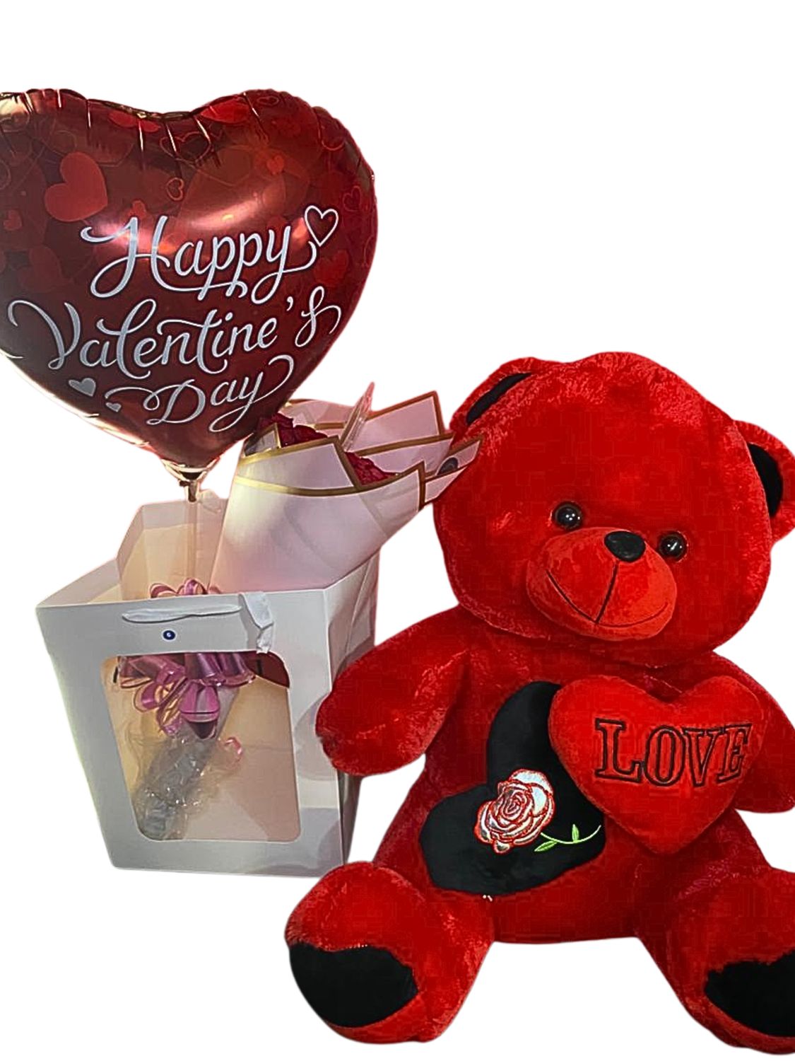Medium Teddy Bear And Small Bouquet Combo