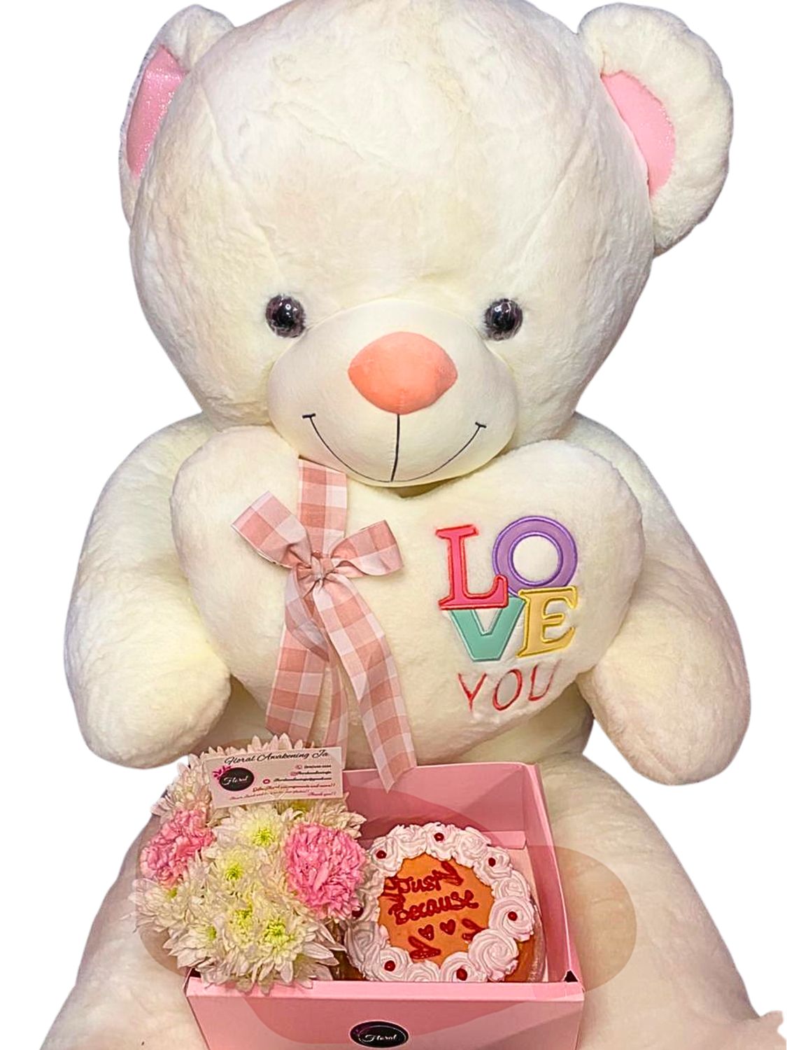 Flowers AND Desert Box(WHITE or BEIGE or Pink )  and  Teddy Bear