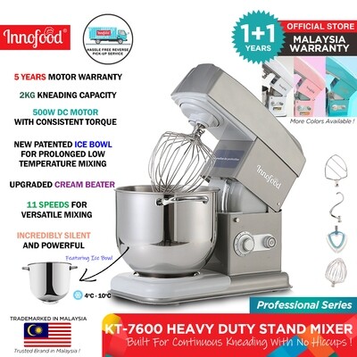 Innofood KT-7600 Heavy Duty Professional Silent Stand Mixer - Grey/White/Pink/Jade Blue (7L) ICE BOWL VERSION