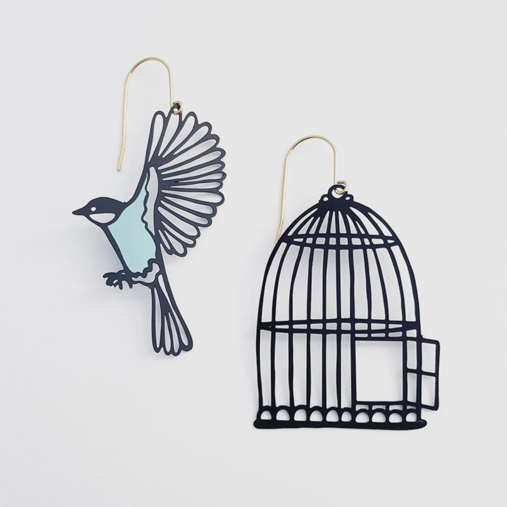 Birdcage &amp; Bird Earrings BLACK &amp; DUCK EGG