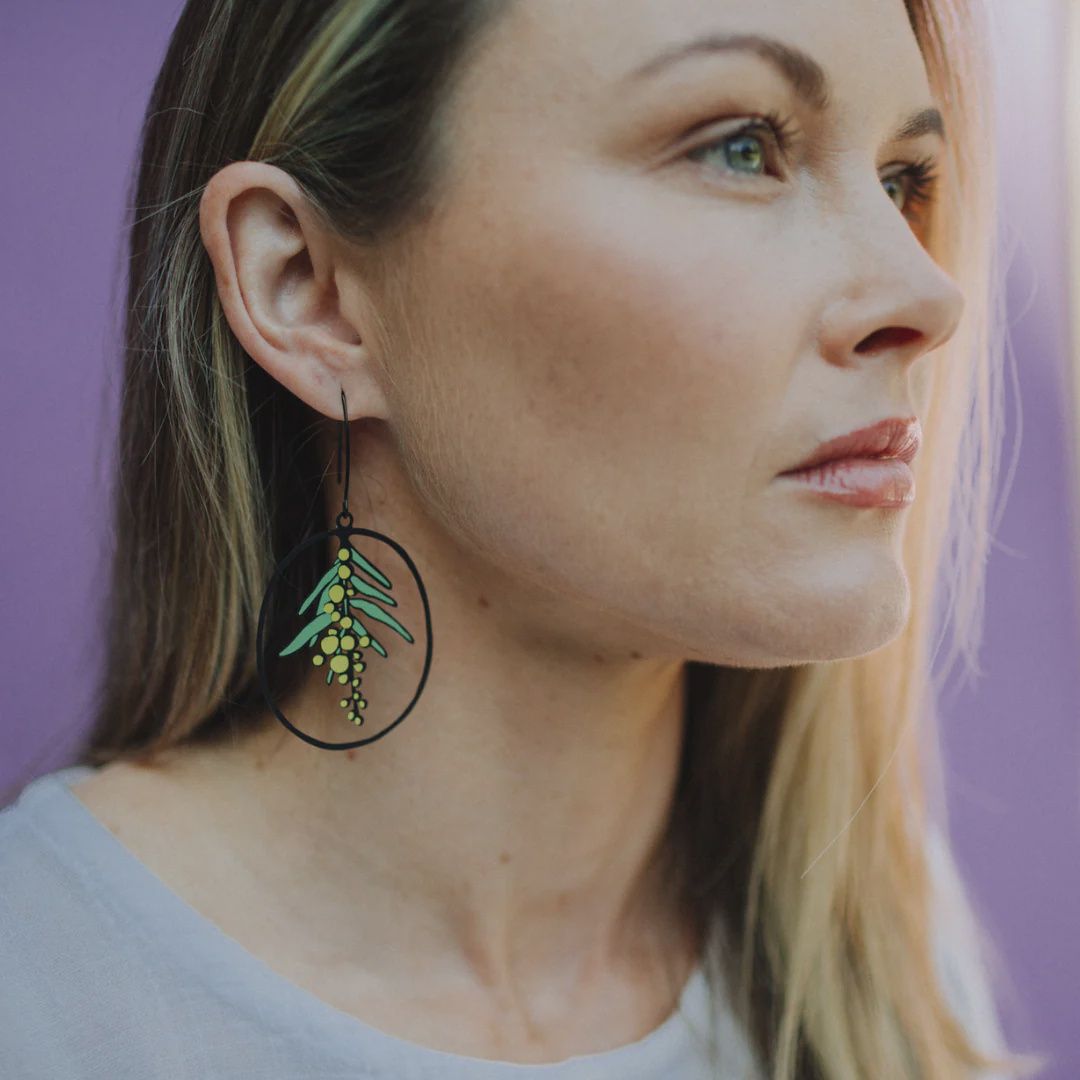 Wattle Flower Earrings BLACK, YELLOW, GREEN