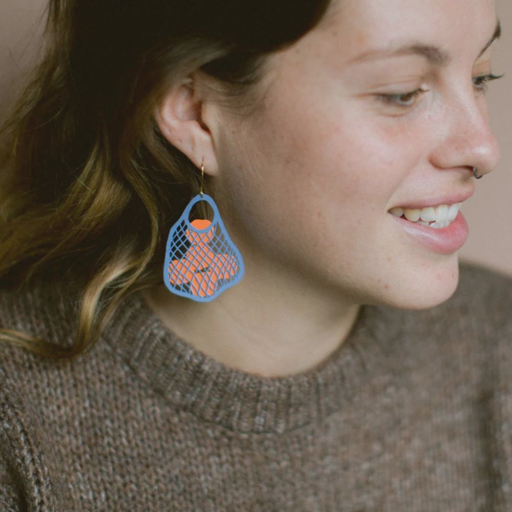 String Bag Earrings Blue with Oranges