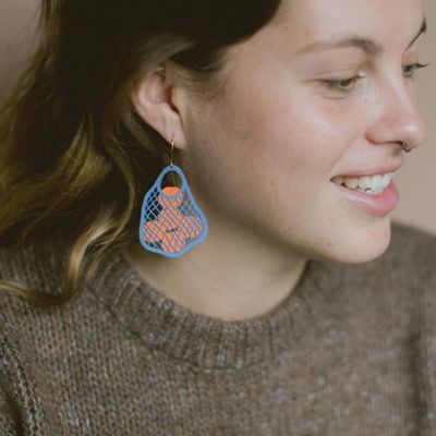 String Bag Earrings Blue with Oranges