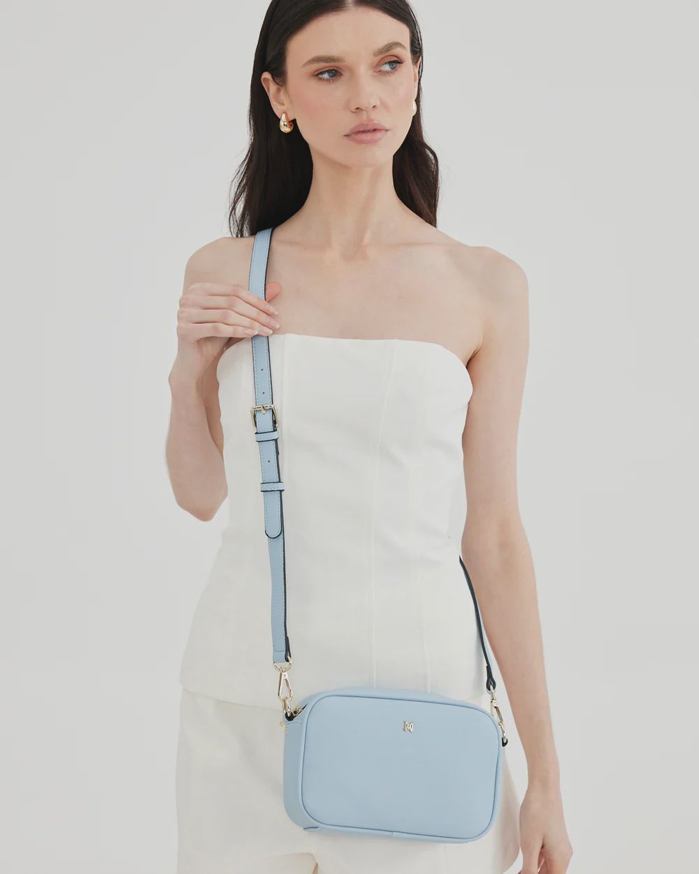 Monica Camera Crossbody + Monogram Strap POWDER BLUE