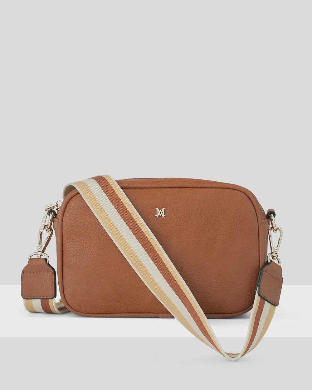 Monica Camera Crossbody + Stripe Strap – Dark Tan + Yellow/Tan/Stone