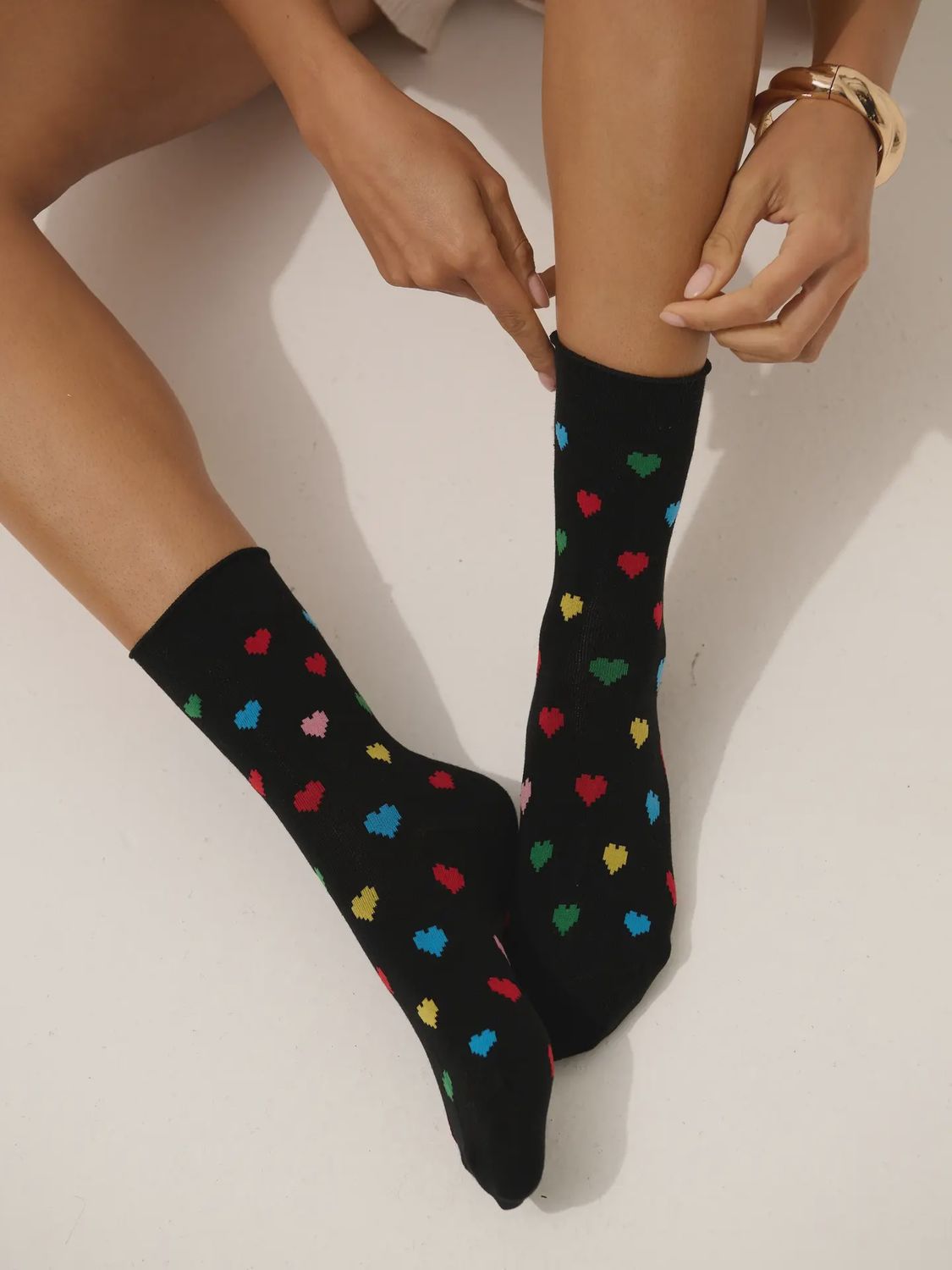 Graphic Love Heart Crew Socks – Black with Bright Hearts