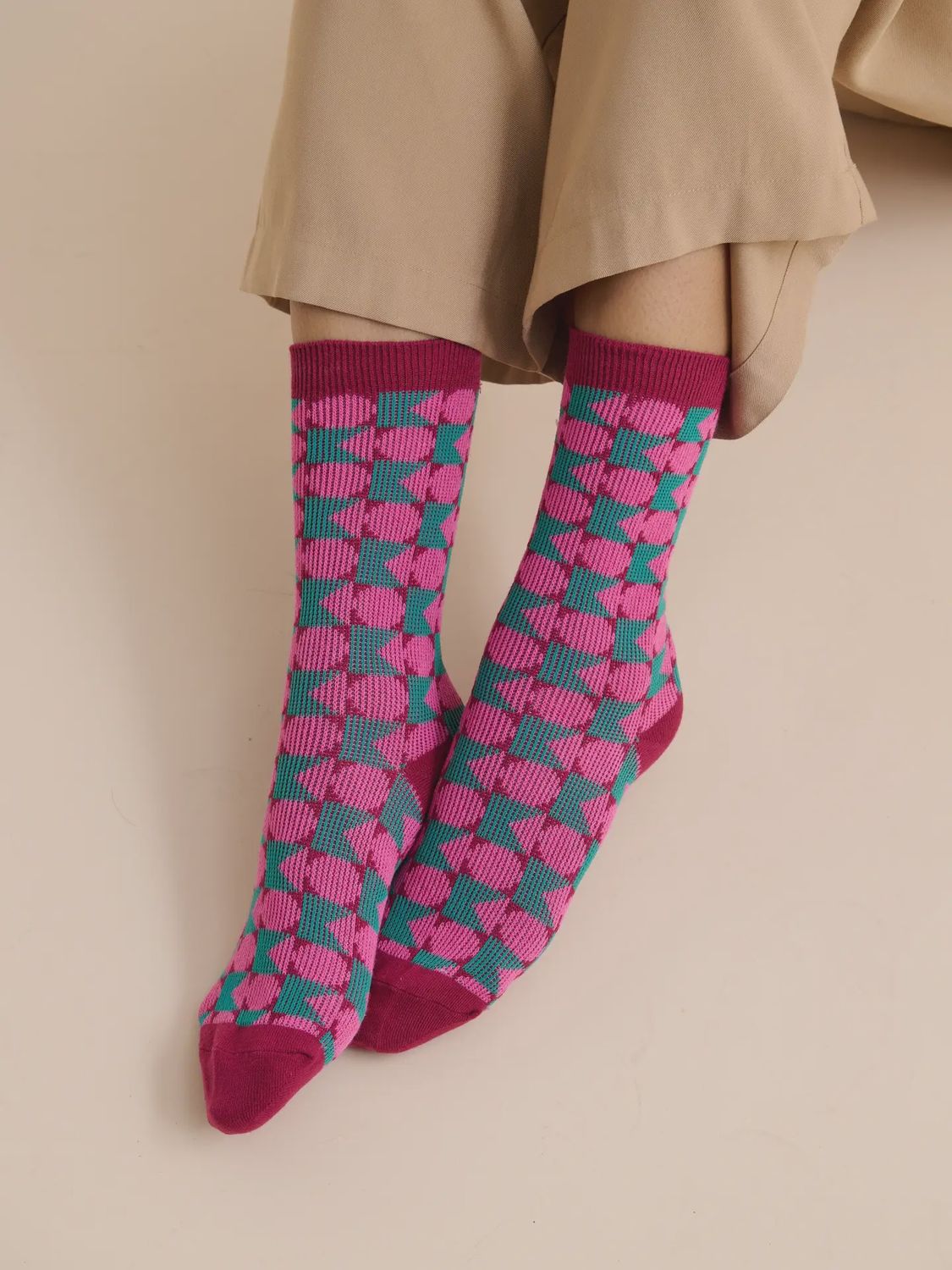 Geometric Winter Crew Socks – Pink, Maroon + Aqua