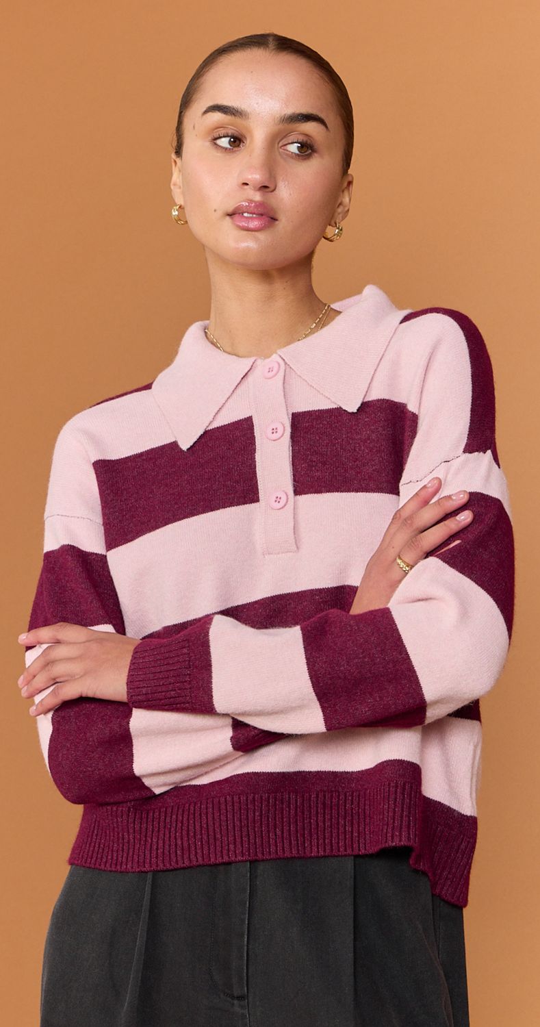 Stefi Rugby Knit in PINK BURGUNDY, size: S/M