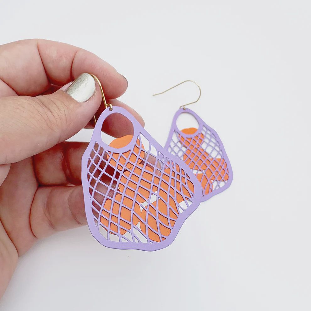 String Bag Earrings Lavender with Oranges