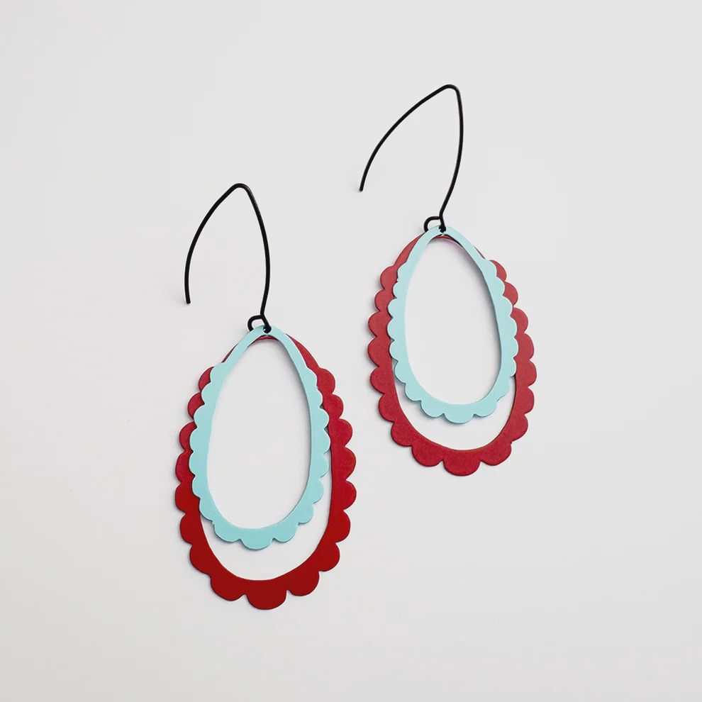 Midi Double Scallop Hoop earrings Baby Blue &amp; Red