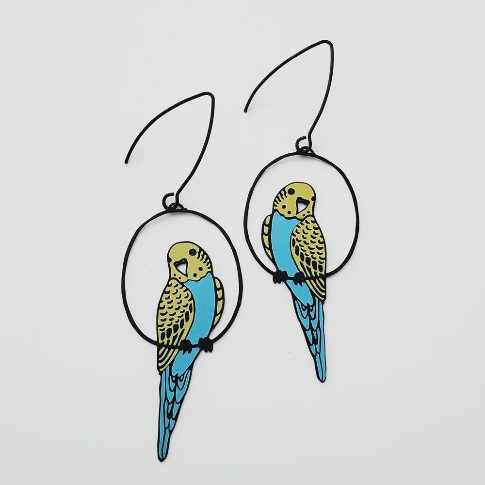Budgie Earrings in Black, Blue + Yellow