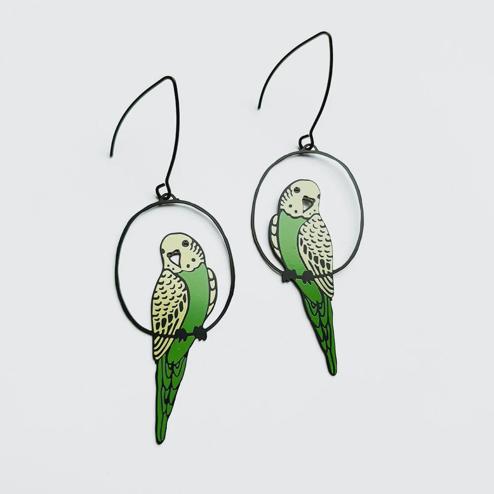 Budgie earrings in Black/Green/Yellow