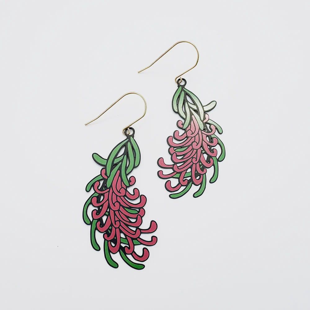 Grevillea Flower Earrings in BLACK GREEN PINK