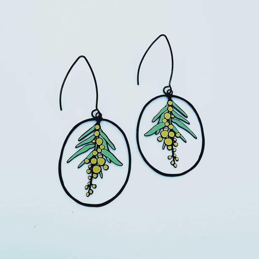 Midi Wattle Flower Earrings BLACK YELLOW GREEN