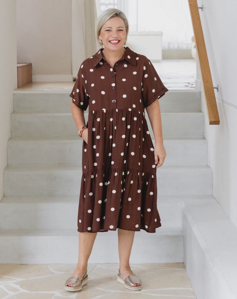 Amelia Dress Chocolate Spot, size: 8