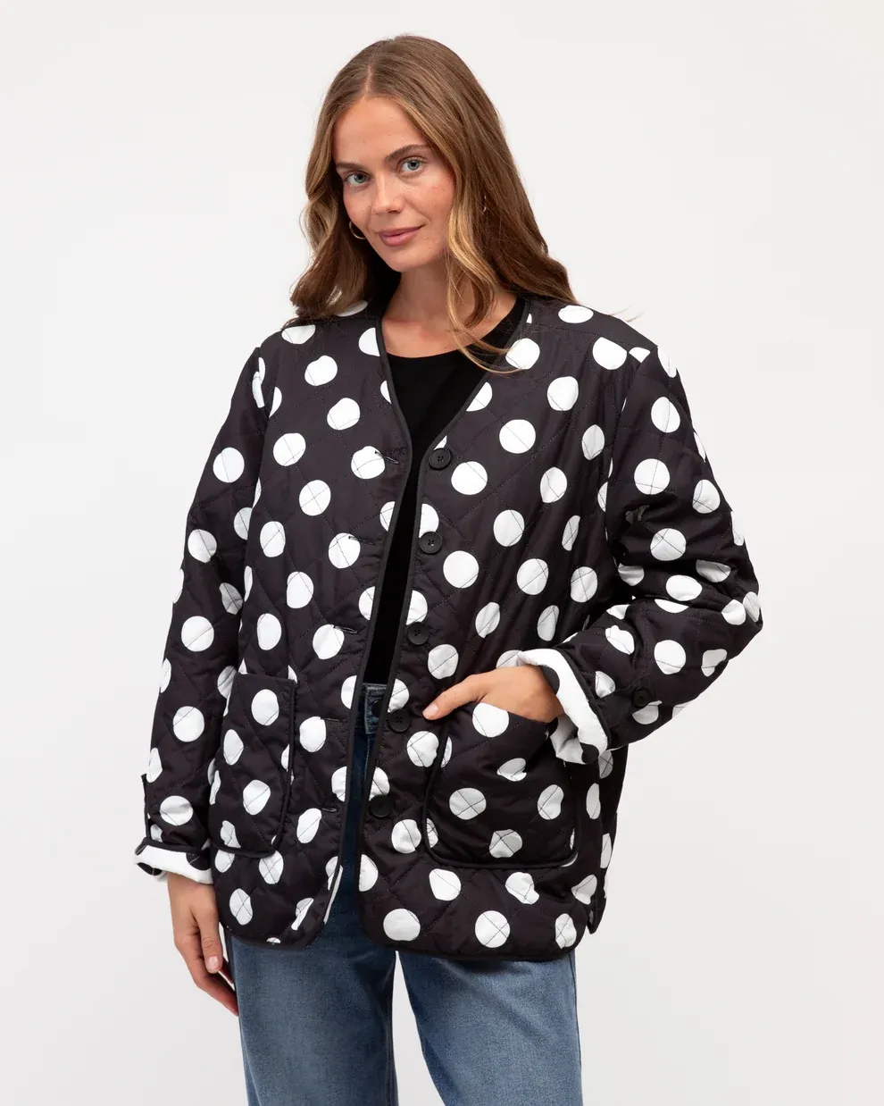 Polka Dot Quilted Jacket BLACK WHITE, size: S