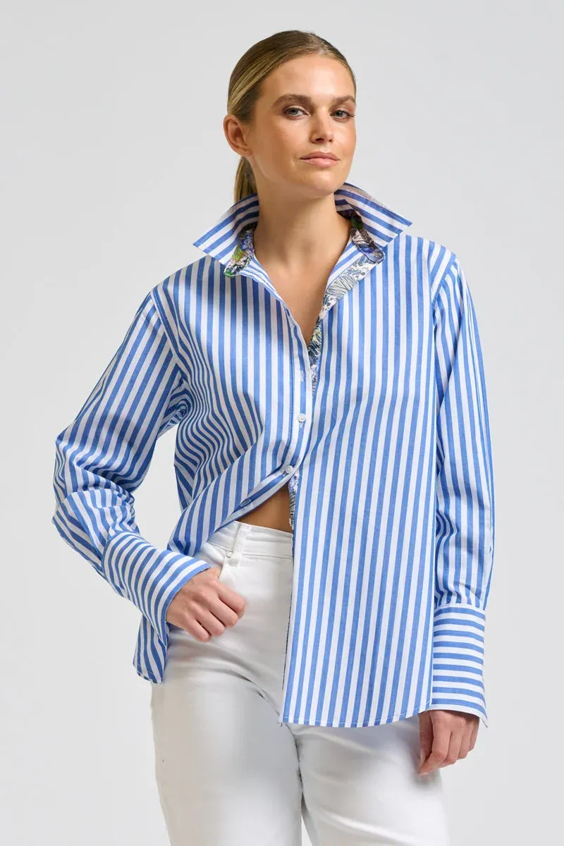 Elodie Trim Silk Shirt - Mid Blue Stripe