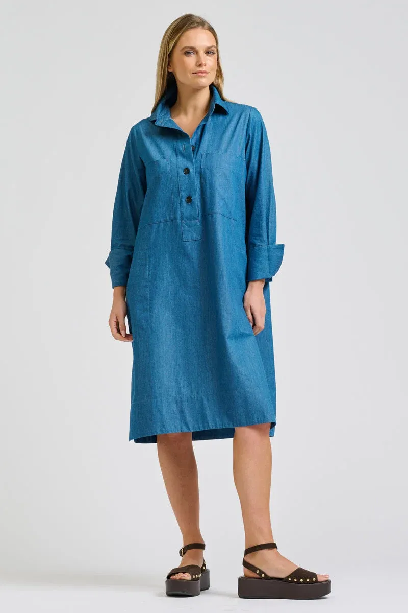 Jane Utility Popover Dress - Washed Denim