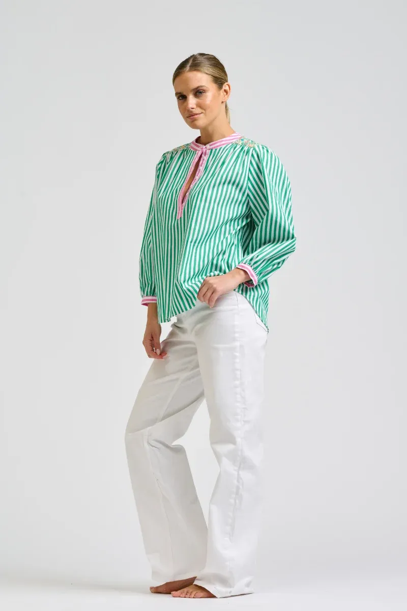 Mary Shirt - Green/Pink Stripe Combo, size: XS