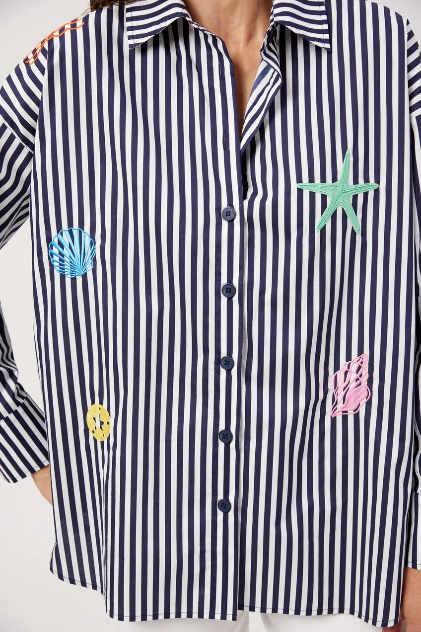 Mykonos Embroidered Stripe Shirt - Navy, size: XS