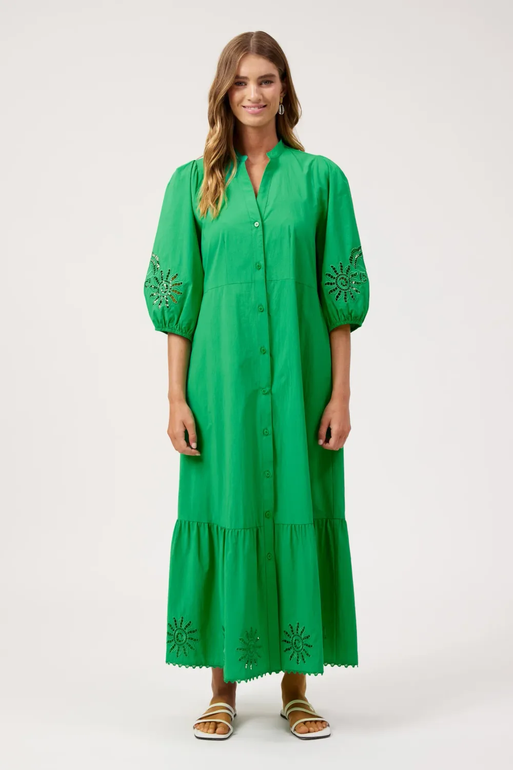 Larissa Broderie Maxi Dress - Green, size: XS
