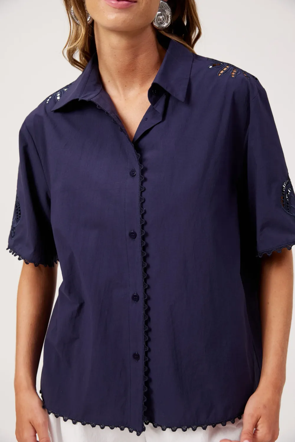Larissa Broderie Shirt - Navy, size: XS