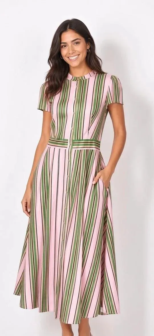 Lyra Dress GREEN PINK STRIPES, size: 8